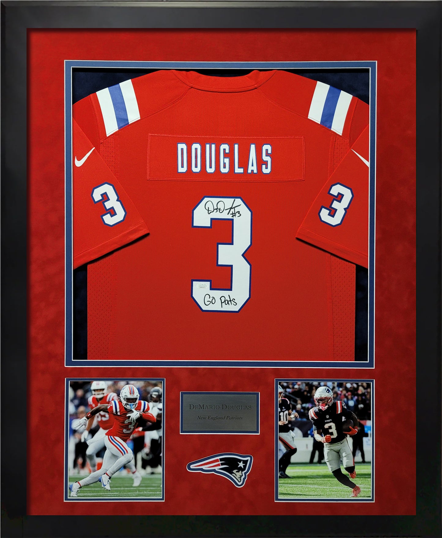 DeMario Douglas Autographed Jersey - Throwback - "Go Pats" Inscription - New England Patriots - Framed 37x45 - JSA Authentication