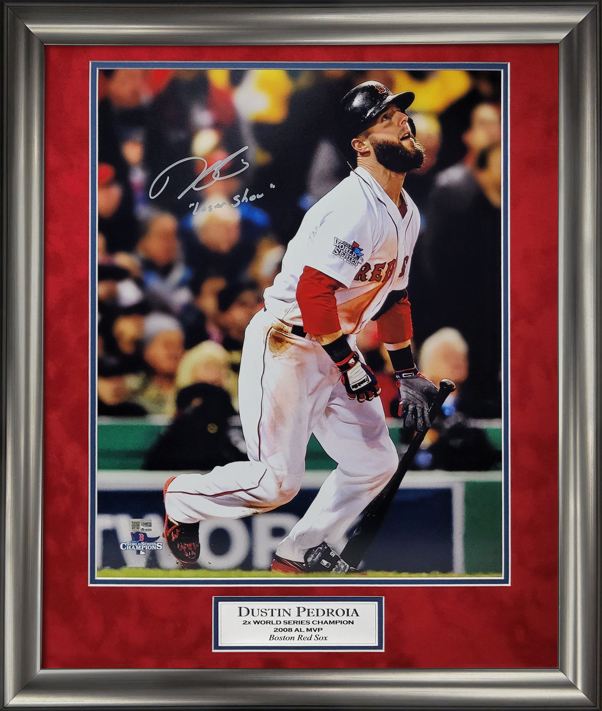 Dustin Pedroia Autograph 16x20 Photo With Inscription - 2013 World Series - Boston Red Sox - Framed 23x27