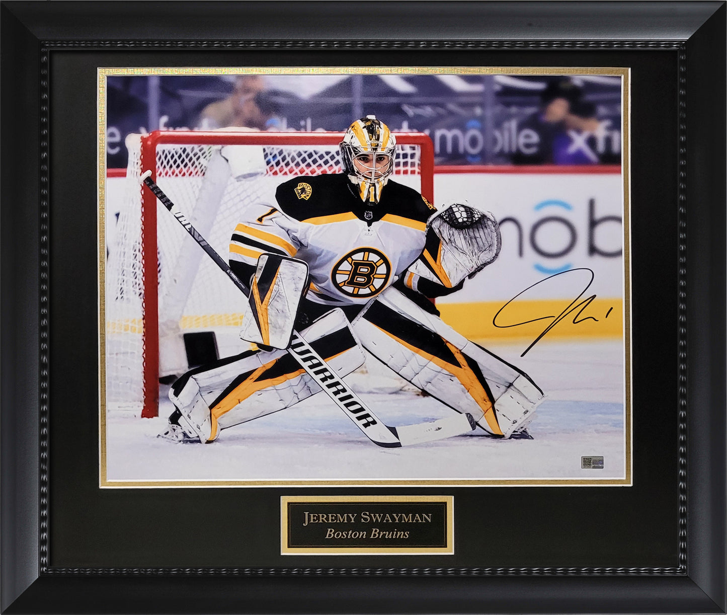 Jeremy Swayman Autograph 16x20 Photo - In Net - Boston Bruins - Framed 23x27