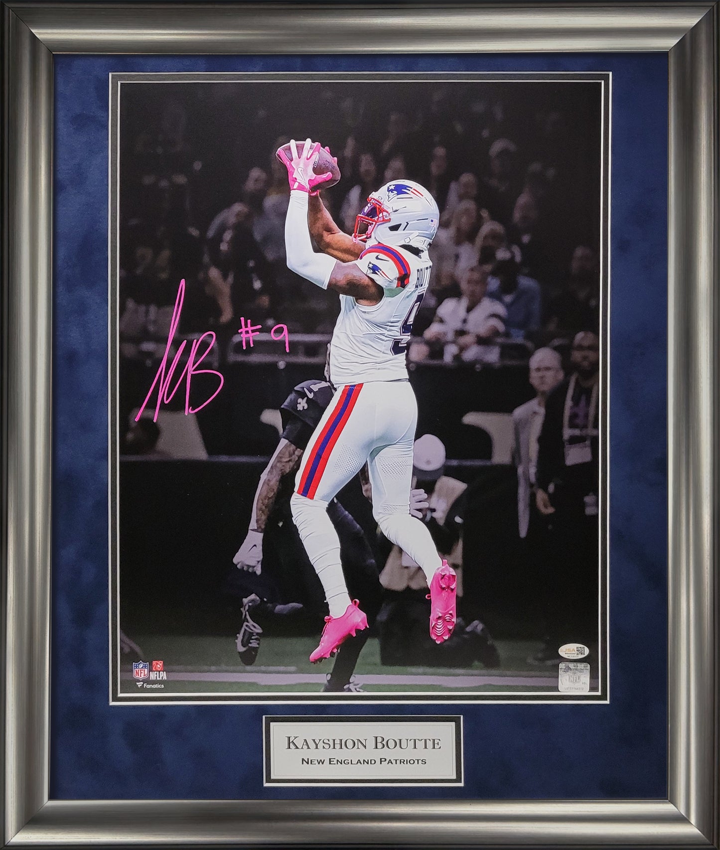 Kayshon Boutte Autograph 16x20 Photo - Spotlight Catch - New England Patriots - Framed 23x27 - JSA Authentication
