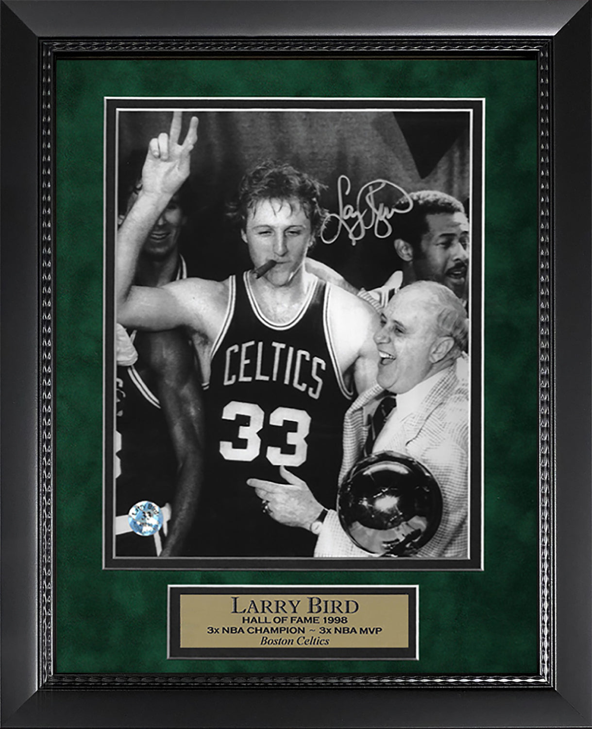 Larry Bird Autograph 8x10 Photo - Cigar and Trophy - Boston Celtics - Framed 13x16