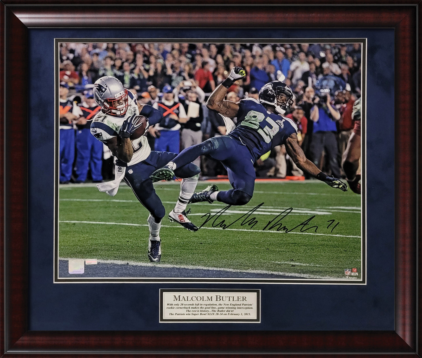 Malcolm Butler Autograph 16x20 Photo - Super Bowl 49 Interception - New England Patriots - Framed 23x27
