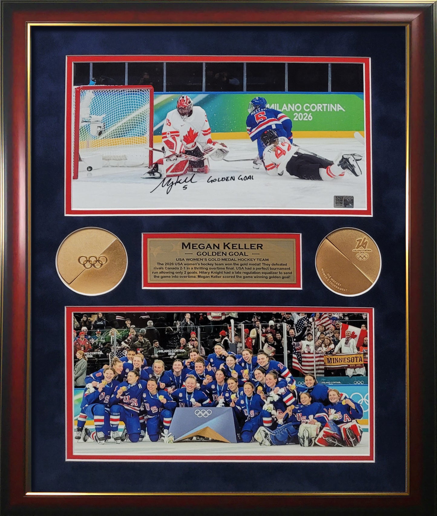 Megan Keller Autograph 16x20 Photo - Gold Medal Collage - "Golden Goal" Inscription - Team USA - Framed 19x23 - New England Picture Authentication