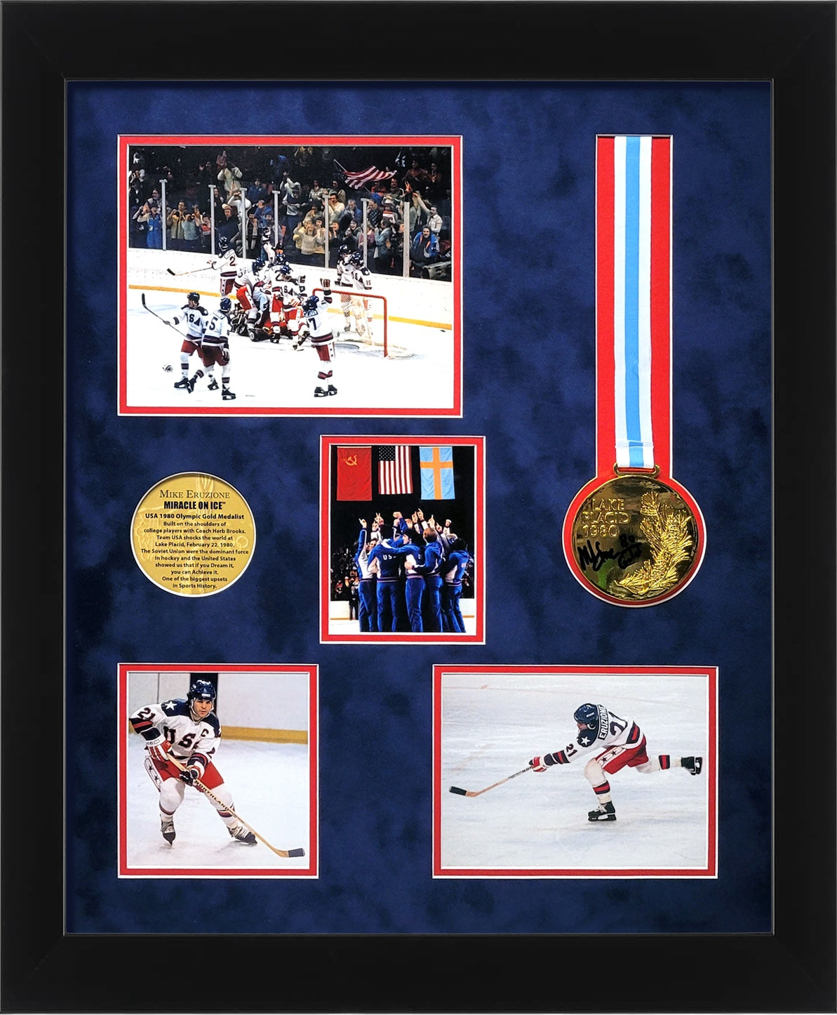 Mike Eruzione Autograph Replica Medal - 1980 Miracle On Ice Collage - Framed 23x27