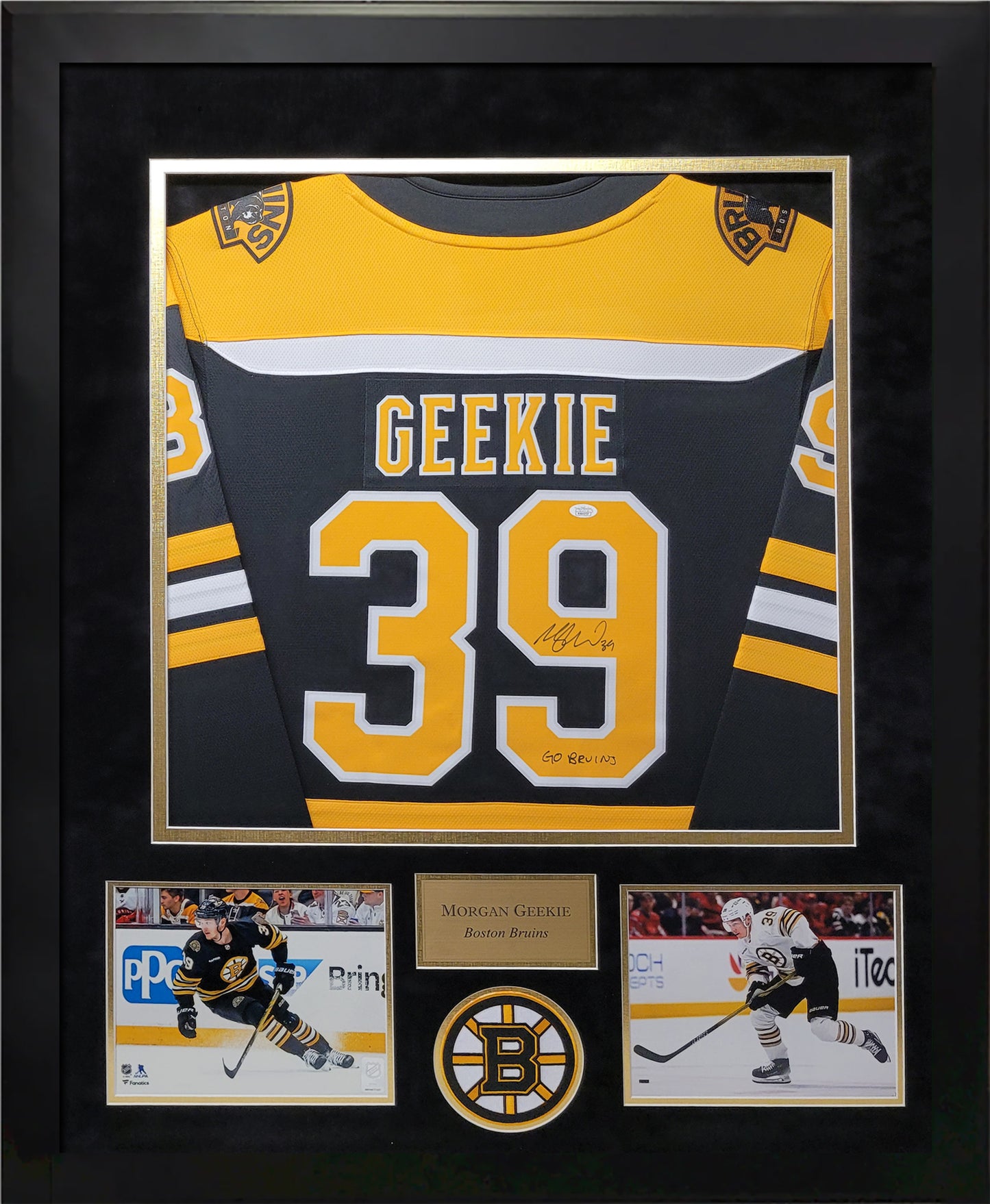 Bruins Morgan Geekie autograph hockey jersey number '39', surrounded by the players photos and a Bruins logo. Hand signed by Morgan Geekie.