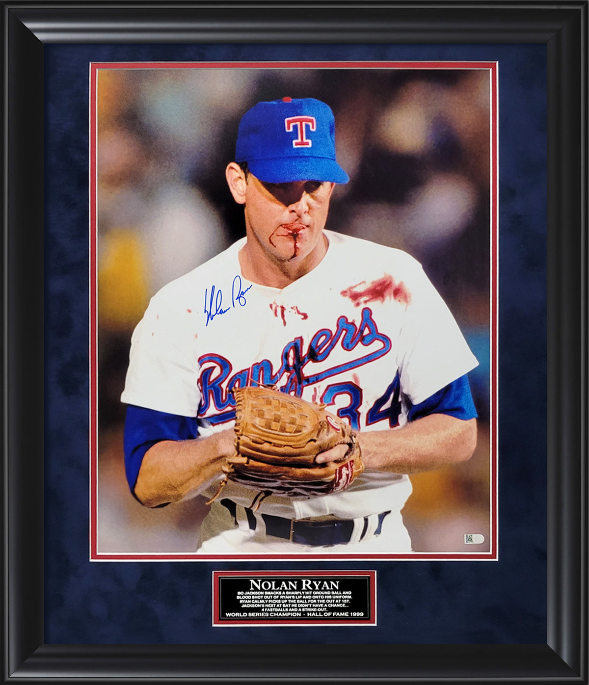 Nolan Ryan Autograph 16x20 Photo - Bloody Face - Texas Rangers - Framed 23x27 - MLB Authentication