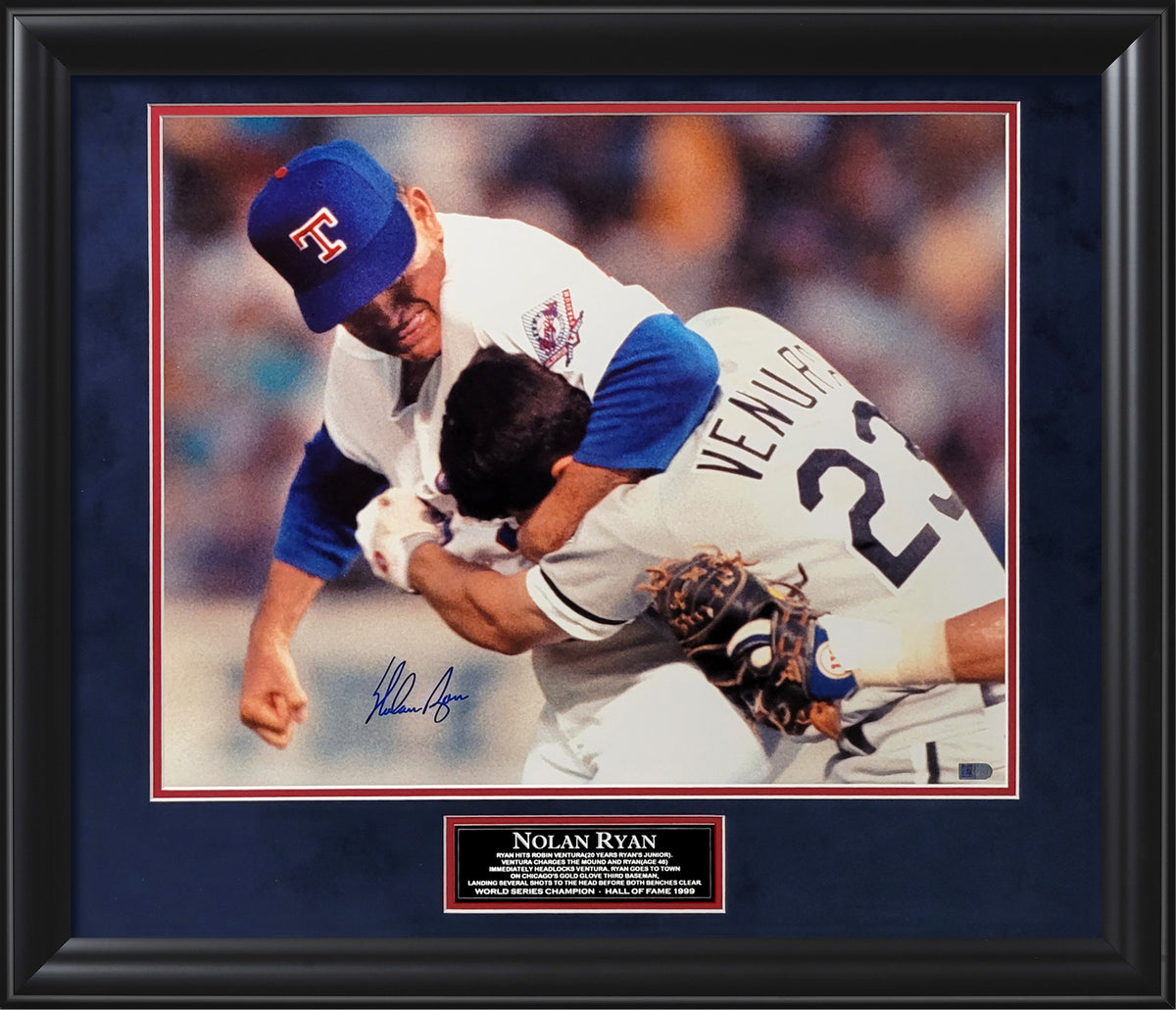 Nolan Ryan Autograph 16x20 Photo - Fight With Ventura - Texas Rangers - Framed 23x27 - MLB Authentication