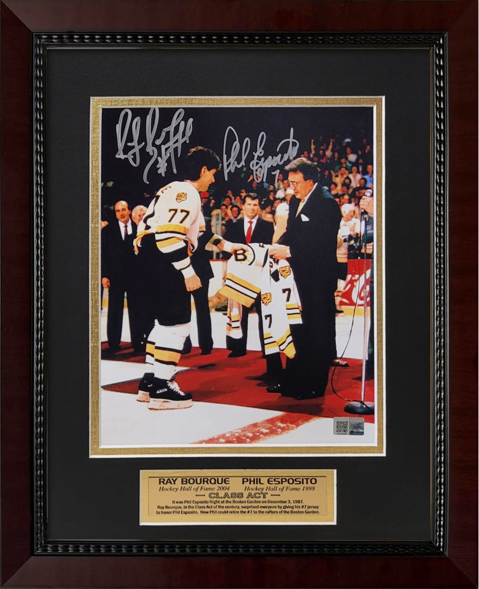 Ray Bourque, Phil Esposito Double Autograph 8x10 Photo - Class Act - Boston Bruins - Framed 13x16 - New England Picture Authentication