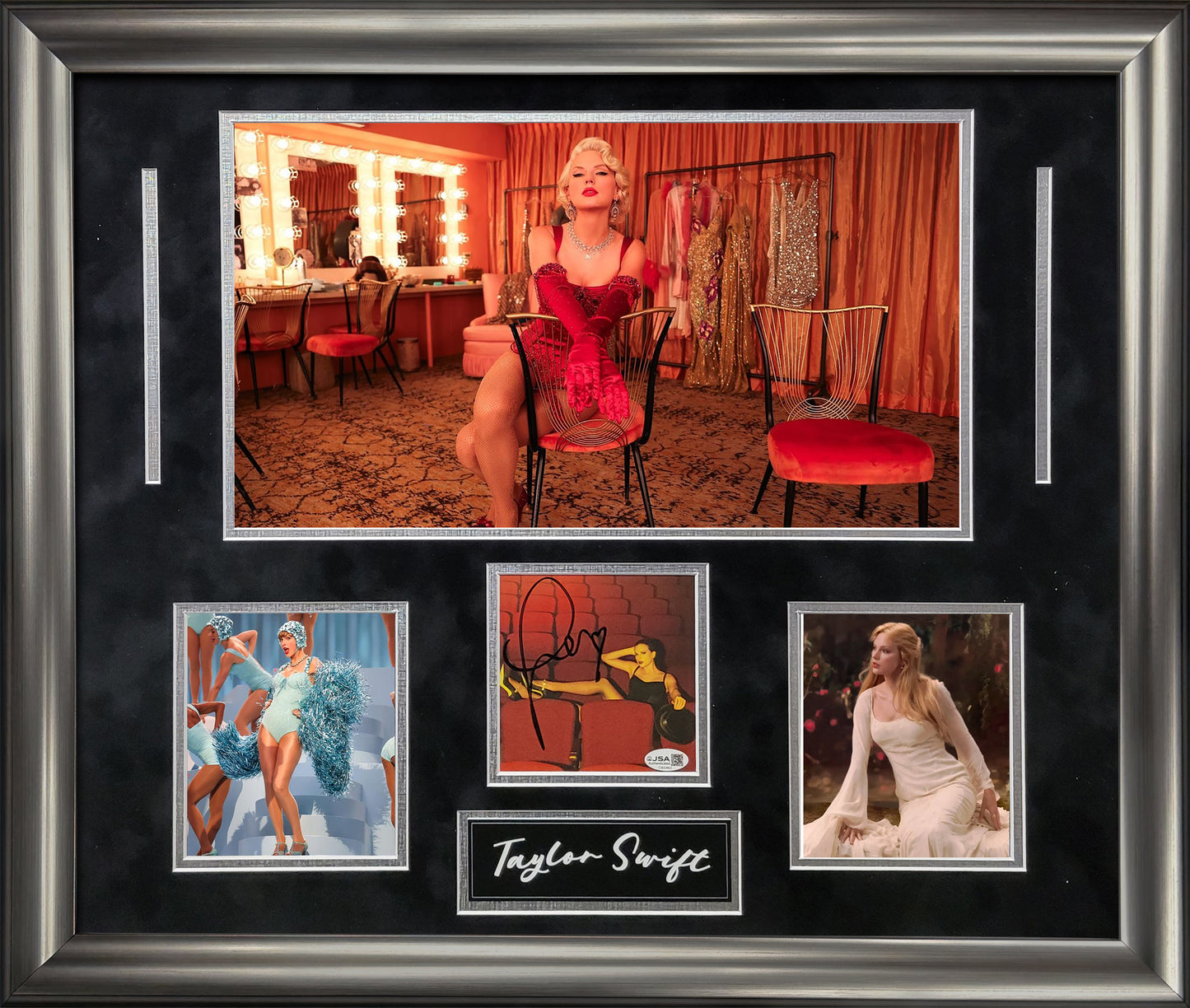 Framed collage of Taylor Swift performing with a Taylor Swift signature underneath the larger picture and 2 smaller concert images. The Taylor Swift autograph insert is JSA authenticated.