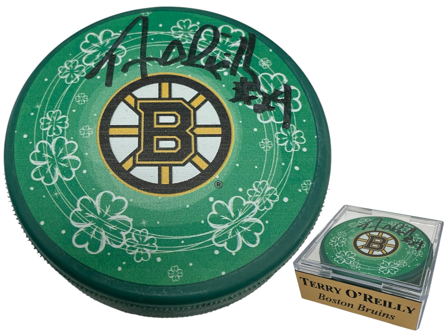Terry O'Reilly Autograph Puck - Spoke B Shamrock - Boston Bruins