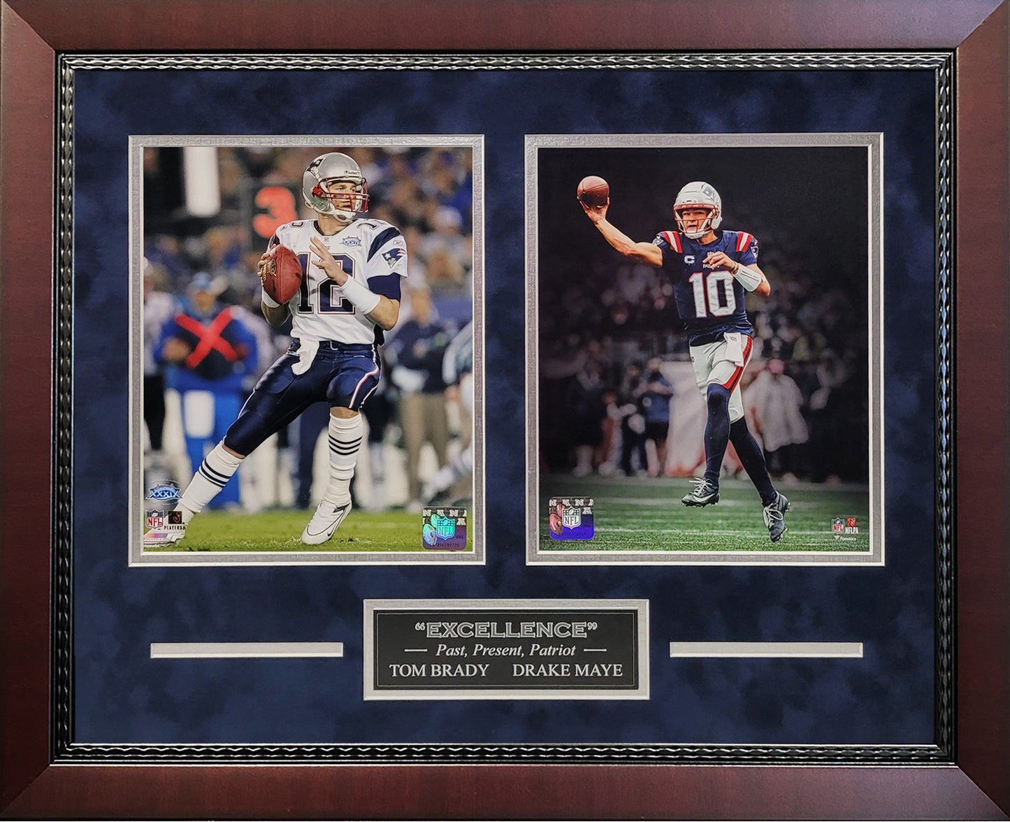 Tom Brady, Drake Maye 8x10 Photos - "Excellence" 2 Way Collage - New England Patriots - Framed 18x22