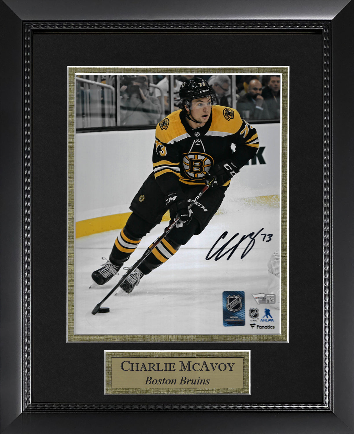 Charlie McAvoy Autograph Photo Black Uniform Skate Alone 11x14