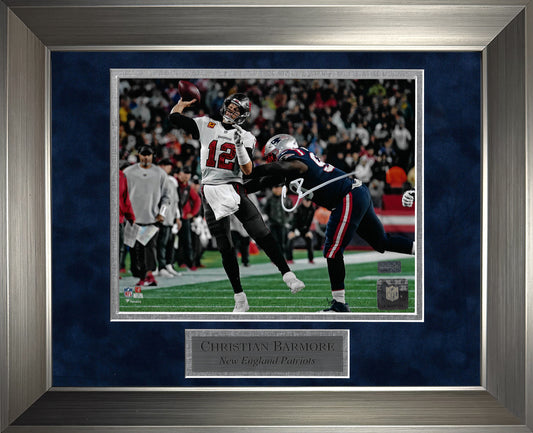 Christian Barmore Autograph Photo Pressuring Brady 11x14