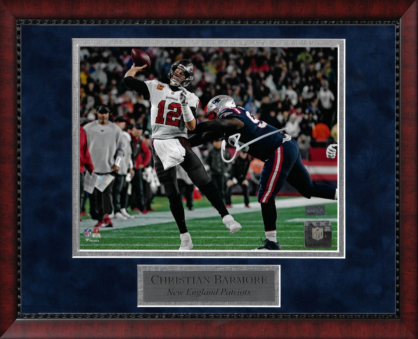 Christian Barmore Autograph Photo Pressuring Brady 11x14
