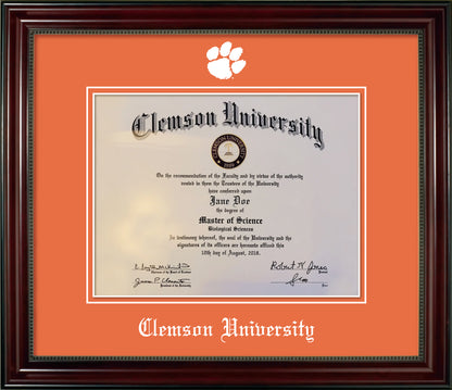 Clemson University Diploma Frame - Cherry Finish Wood Frame with Bead, Orange Mats, White Embossed Tiger Paw School Logo