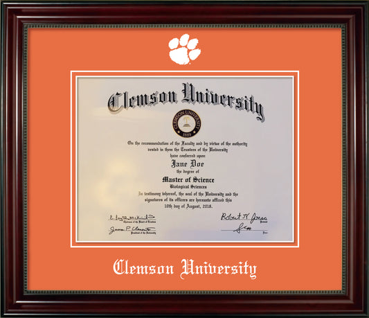 Clemson University Diploma Frame - Cherry Finish Wood Frame with Bead, Orange Mats, White Embossed Tiger Paw School Logo