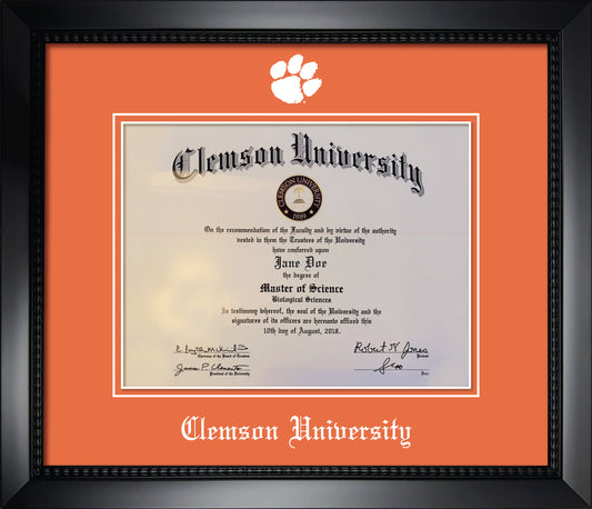 Clemson University Diploma Frame - Matte Black Eco-Friendly Treehugger™ Frame, Orange Mats, White Embossed Tiger Paw School Logo