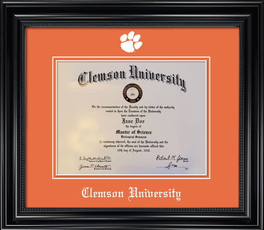 Clemson University Diploma Frame - Black Wood Frame with Beaded Detail, Orange Mats, White Embossed Tiger Paw Logo