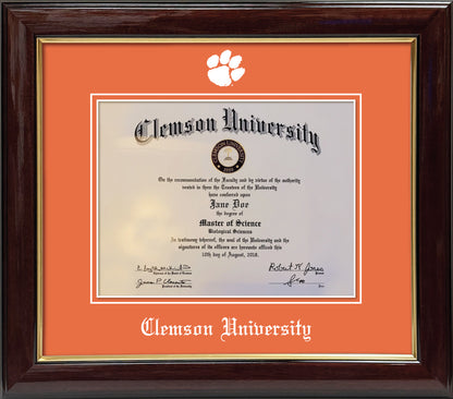 Clemson University Diploma Frame - Glossy Mahogany Wood Frame with Gold Accents, Orange mats, White Embossed Tiger Paw School Logo