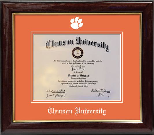Clemson University Diploma Frame - Glossy Mahogany Wood Frame with Gold Accents, Orange mats, White Embossed Tiger Paw School Logo