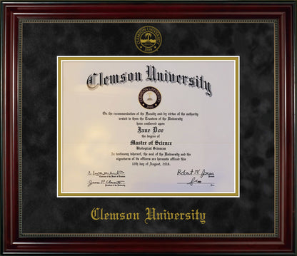 Clemson University Diploma Frame - Cherry Finish Wood Frame with Bead, Black Suede and Gold Foil Mats, Gold Embossed School Seal