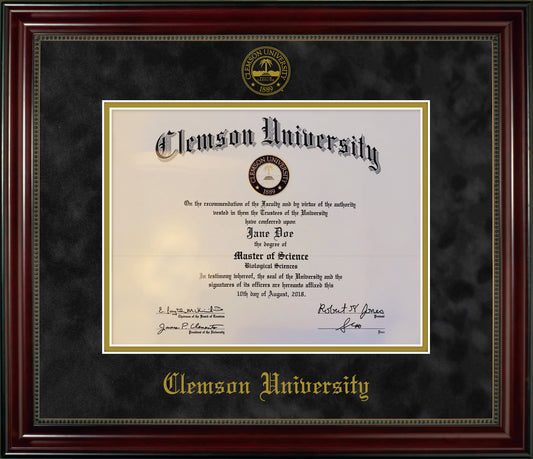 Clemson University Diploma Frame - Cherry Finish Wood Frame with Bead, Black Suede and Gold Foil Mats, Gold Embossed School Seal