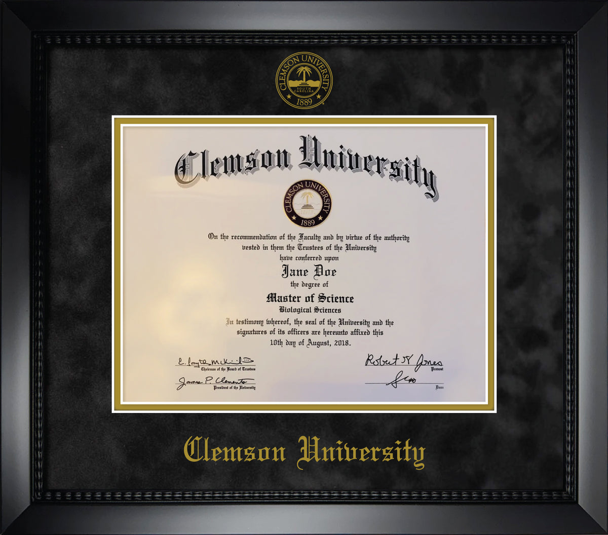 Clemson University Diploma Frame - Matte Black Eco-Friendly Treehugger™ Frame, Black Suede and Gold Mats, Gold Embossed School Seal