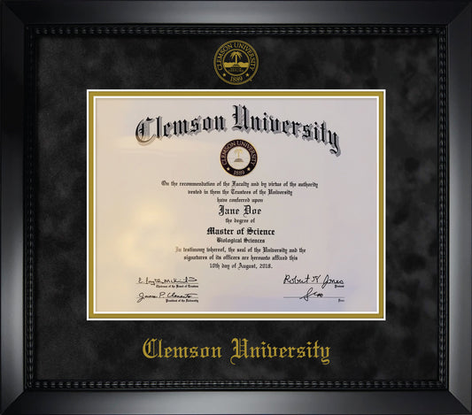 Clemson University Diploma Frame - Matte Black Eco-Friendly Treehugger™ Frame, Black Suede and Gold Mats, Gold Embossed School Seal