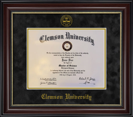 Clemson University Diploma Frame - Cherry Wood Frame with Gold Bead Detail, Black Suede and Gold Foil Mats, Embossed School Seal
