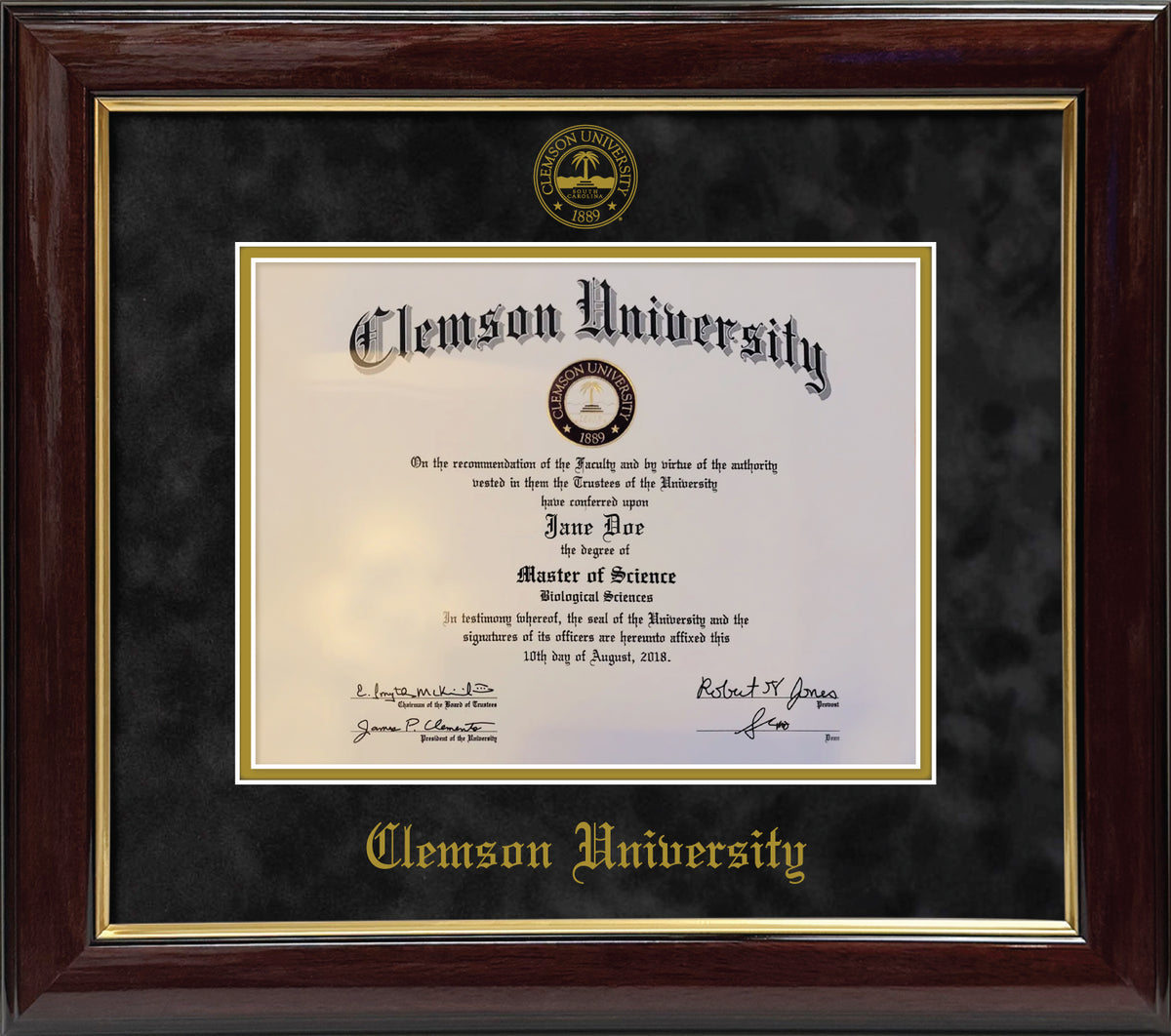 Clemson University Diploma Frame - Mahogany Wood Frame with Gold Accents, Black Suede and Gold mats, Embossed School Seal