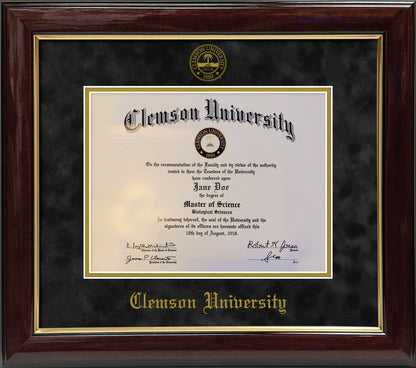 Clemson University Diploma Frame - Mahogany Wood Frame with Gold Accents, Black Suede and Gold mats, Embossed School Seal