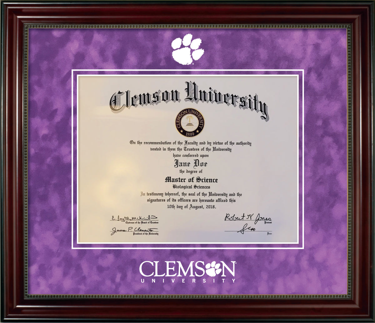 Clemson University Diploma Frame - Cherry Finish Wood Frame with Bead, Purple Suede Mats, White Embossed Tiger Paw Logo