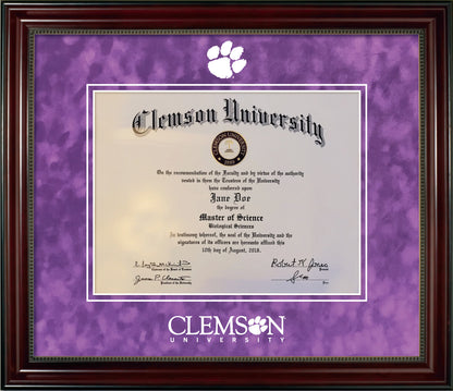 Clemson University Diploma Frame - Cherry Finish Wood Frame with Bead, Purple Suede Mats, White Embossed Tiger Paw Logo
