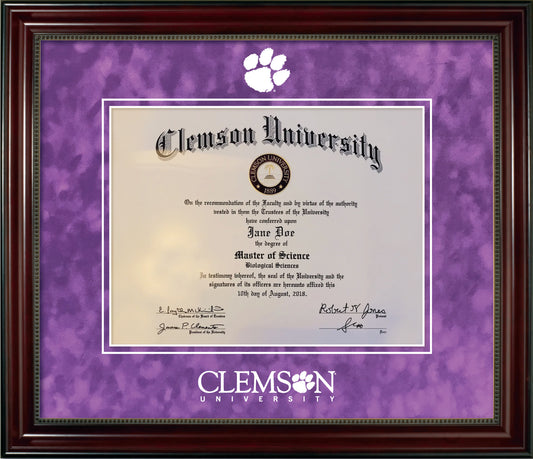 Clemson University Diploma Frame - Cherry Finish Wood Frame with Bead, Purple Suede Mats, White Embossed Tiger Paw Logo