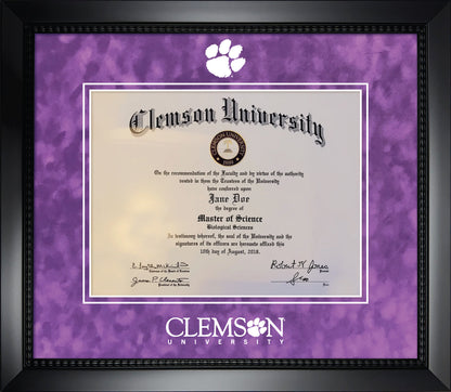 Clemson University Diploma Frame - Matte Black Eco-Friendly Treehugger™ Frame, Purple Suede Mats, White Embossed Tiger Paw Logo