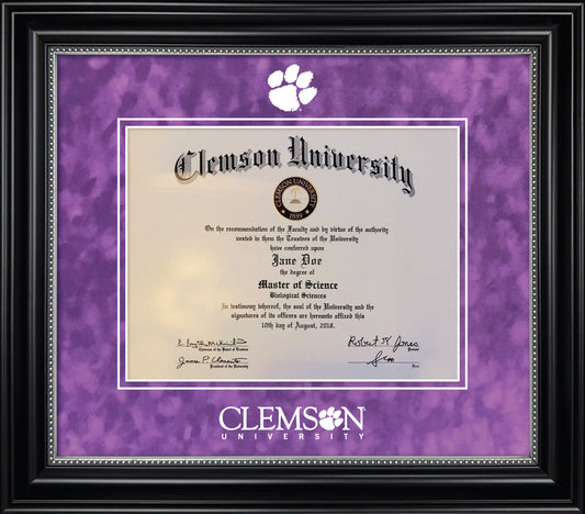 Clemson University Diploma Frame - Black Wood Frame with Silver Bead Detail, Purple Suede Mats, White Embossed Tiger Paw Logo