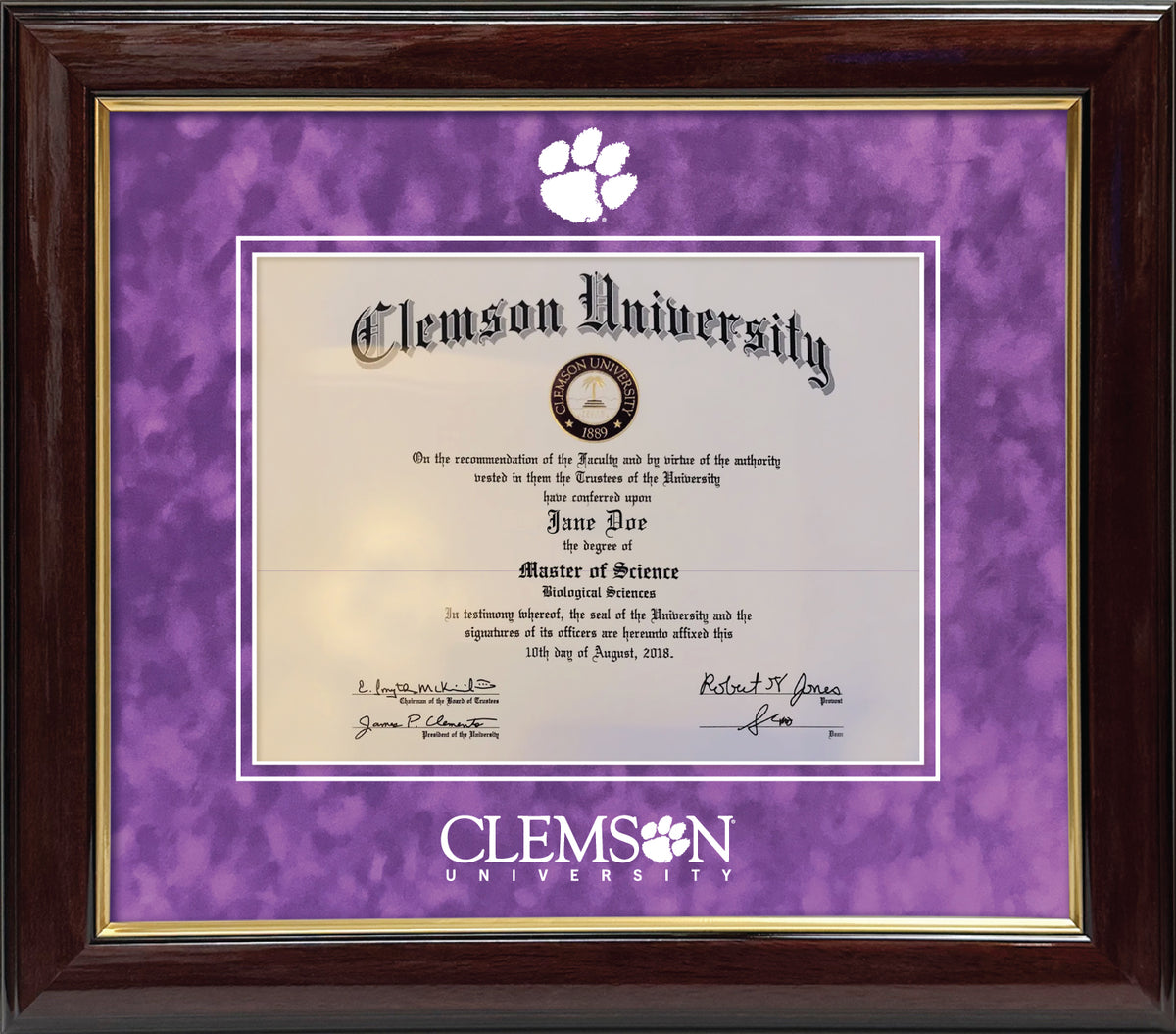 Clemson University Diploma Frame - Glossy Mahogany Wood Frame with Gold Accents, Purple Suede mats, White Embossed Tiger Paw School Logo