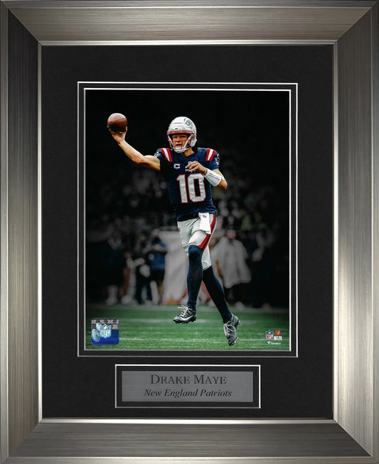 Drake Maye 8x10 Photograph - Leap & Pass - New England Patriots - Framed 13x16