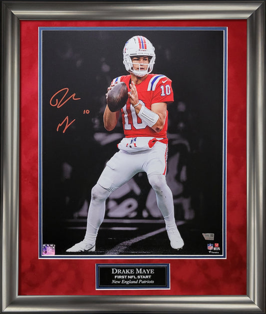 Drake Maye Autograph 16x20 Photo - First Start Spotlight - New England Patriots - Framed 23x27 - Fanatics Authentication