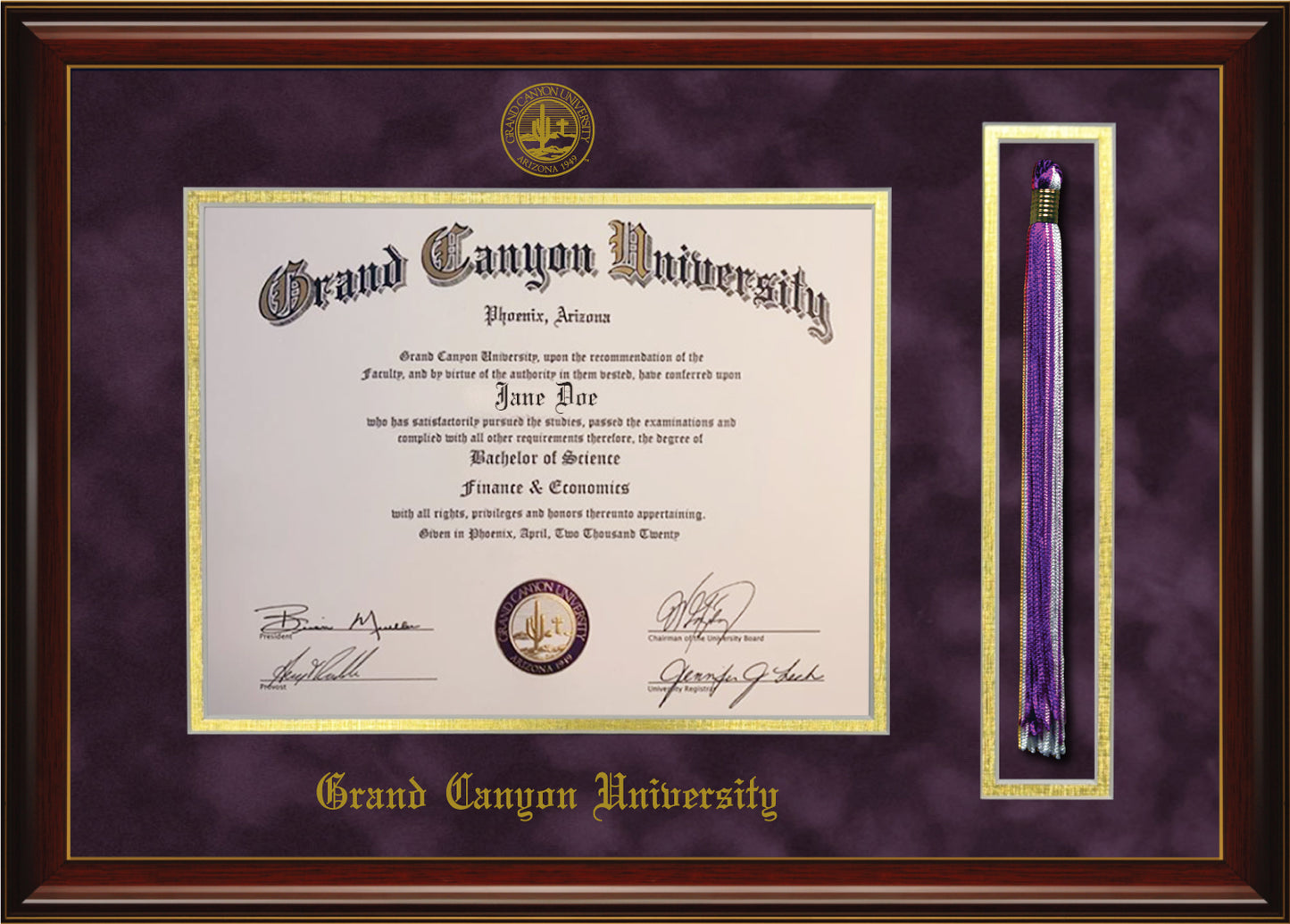 Grand Canyon University Diploma Frame with Tassel Holder – Officially Licensed - Glossy Mahogany Frame with Gold Accent Lines and Royal Purple Suede and Gold Mats. Embossed GCU School Seal and Olde English Lettering