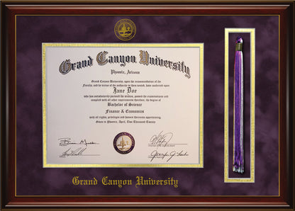 Grand Canyon University Diploma Frame with Tassel Holder – Officially Licensed - Glossy Mahogany Frame with Gold Accent Lines and Royal Purple Suede and Gold Mats. Embossed GCU School Seal and Olde English Lettering