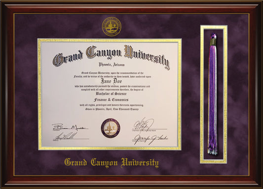 Grand Canyon University Diploma Frame with Tassel Holder – Officially Licensed - Glossy Mahogany Frame with Gold Accent Lines and Royal Purple Suede and Gold Mats. Embossed GCU School Seal and Olde English Lettering