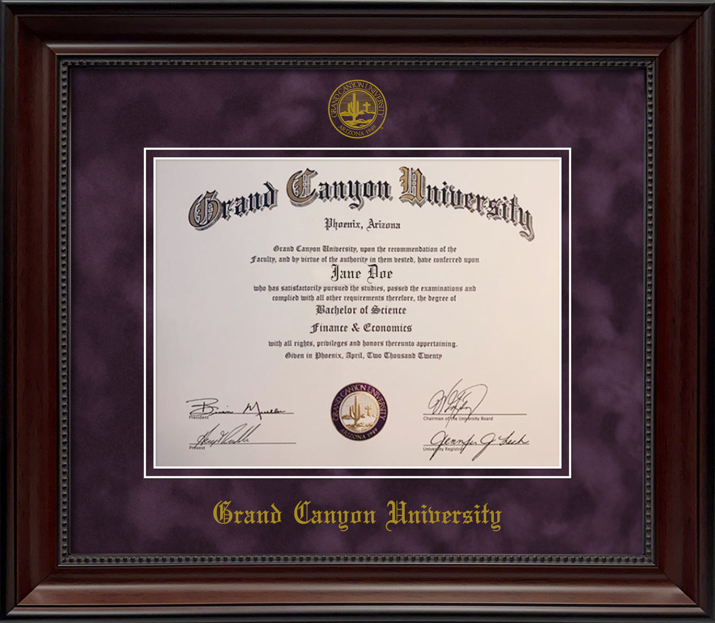 Grand Canyon University Diploma Frame - Officially Licensed - Cherry Finish Wood with Bead Frame with Purple Suede Mat and Gold Embossed GCU seal