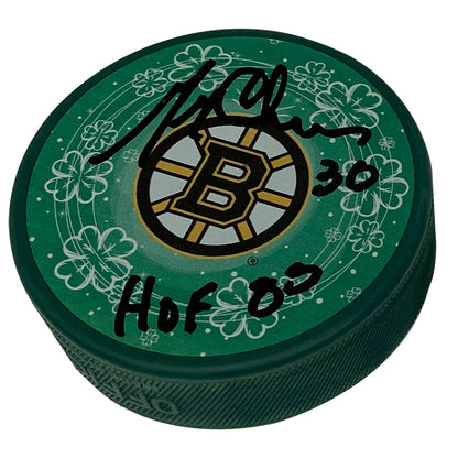 Gerry Cheevers Autograph Puck Green Bruins B Clover Shamrock