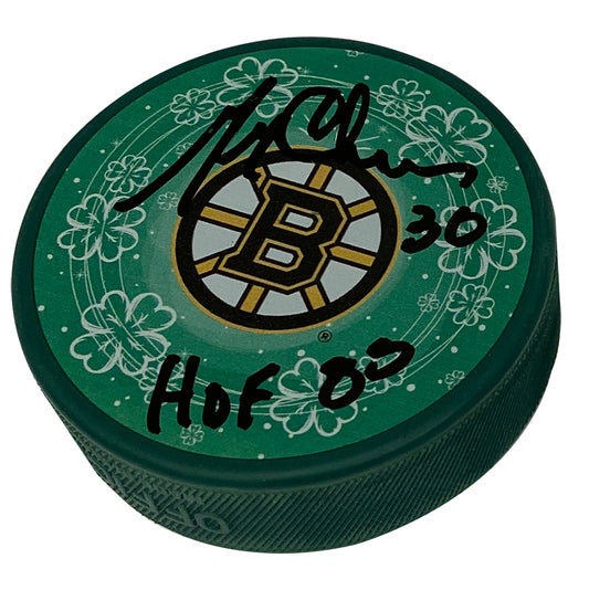 Gerry Cheevers Autograph Puck Green Bruins B Clover Shamrock