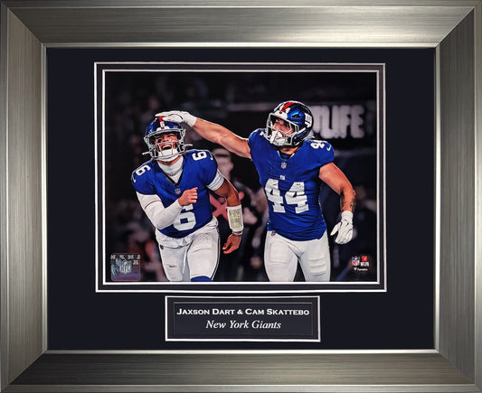 Jaxson Dart, Cam Skattebo 8x10 Photograph - Head Pat - New York Giants - Framed 13x16