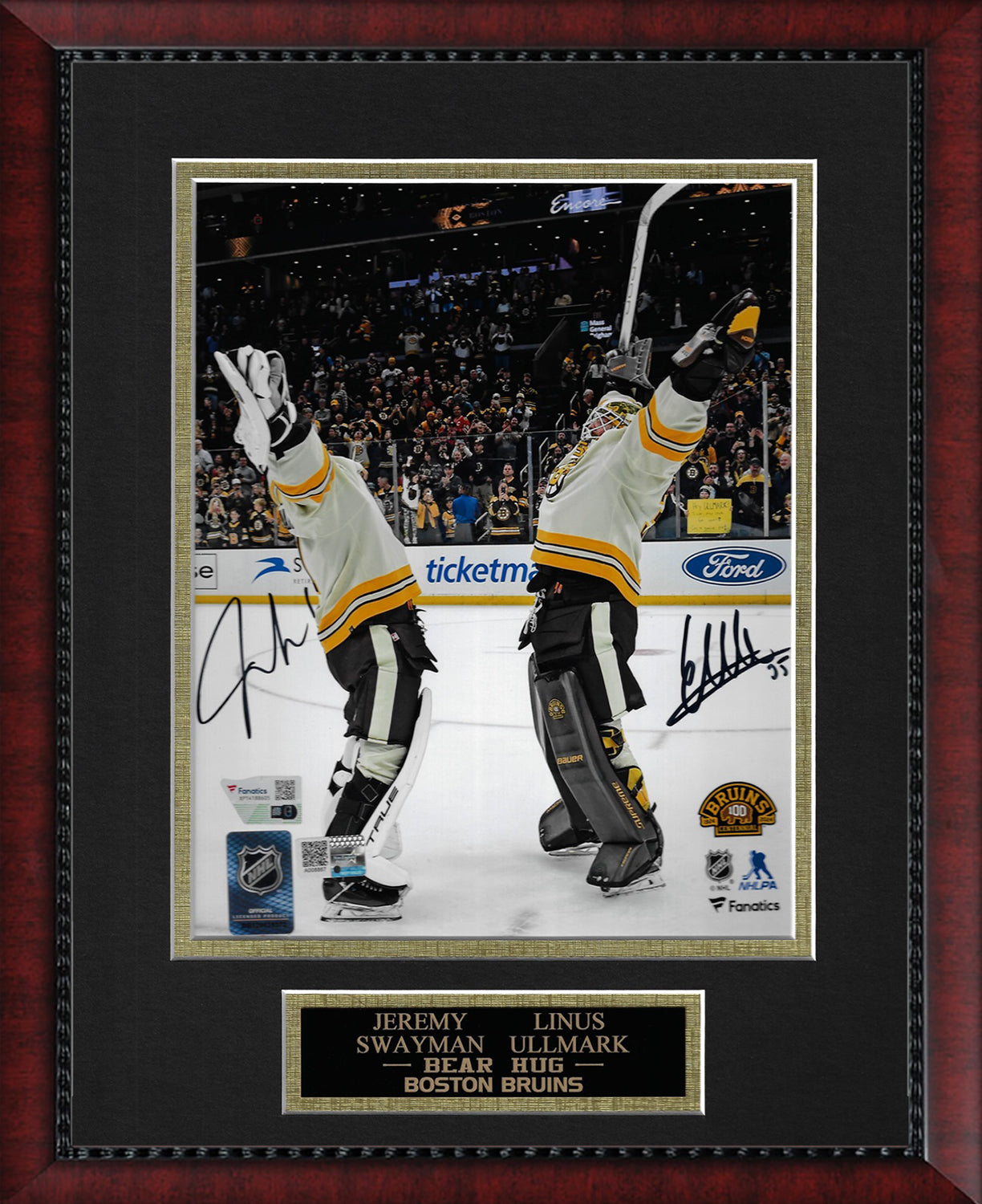 Jeremy Swayman, Linus Ullmark Double Autograph Photo Centennial Season Bear Hug, White Uniforms 11x14