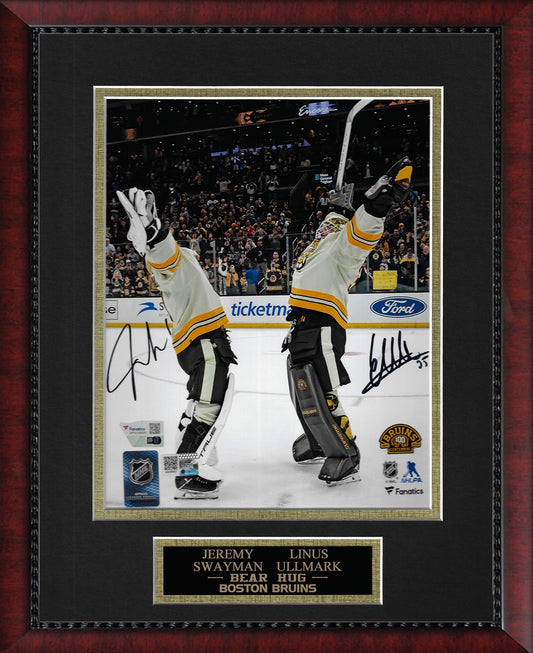 Jeremy Swayman, Linus Ullmark Double Autograph Photo Centennial Season Bear Hug, White Uniforms 11x14