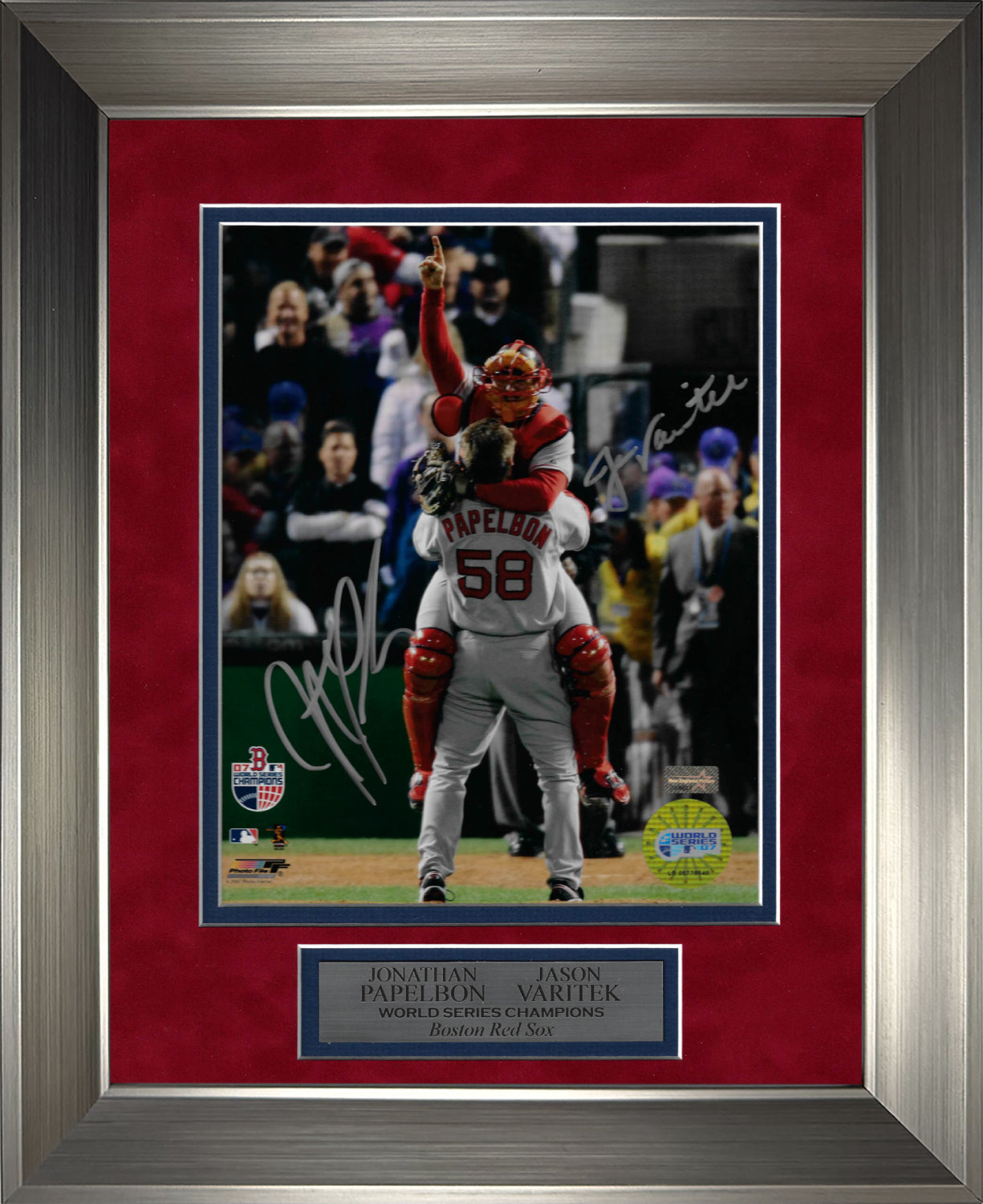 Jonathan Papelbon Jason Varitek Double Autograph Photo Celebration Hug 2007 World Series 11x14