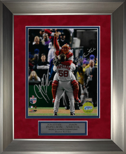 Jonathan Papelbon, Jason Varitek Double Autograph 8x10 Photo - Celebration Hug 2007 World Series - Boston Red Sox - Framed 13x16 - New England Picture Authentication